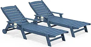 SERWALL Patio Chaise Lounge Chair Set of 2, 78'' Long 5-Positions Adjustable HDPE Outdoor Lounger for Pool, Poly Lounge Chair with Rolling Wheels & Cup Holder for Poolside, Deck, Blue
