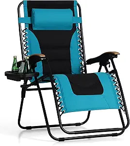 PHI VILLA XXL Oversized Padded Zero Gravity Chair, Foldable Patio Recliner, 30" Wide Seat Anti Gravity Lounger with Cup Holder, Support 400 LBS (Aqua)