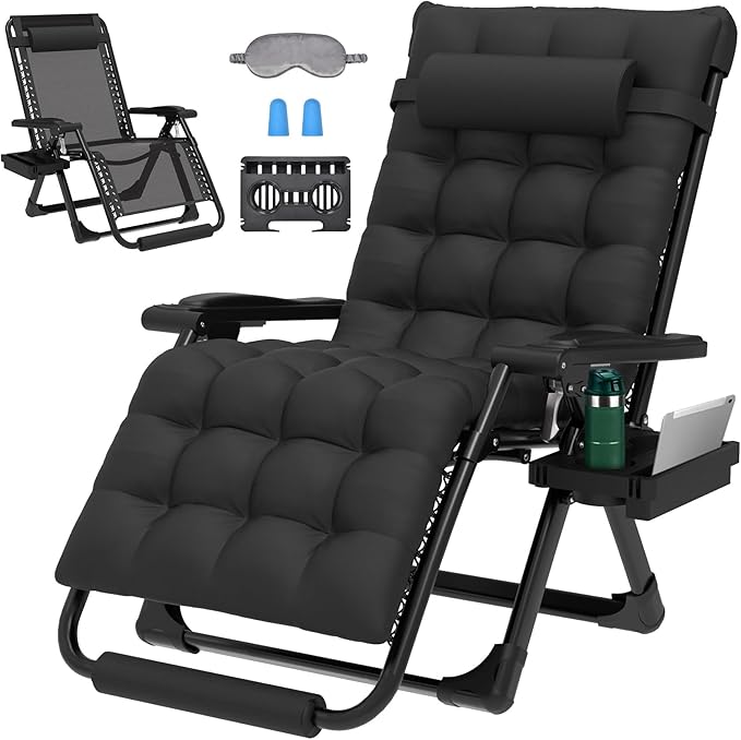 ZENPETIO 29In XL Zero Gravity Chair w/Cushion, Zero Gravity Recliner Lounge Chair for Indoor and Outdoor, Reclining Camping Chair for Lawn, Anti Gravity Chair with Cup Holder and Footrest, 440LBS
